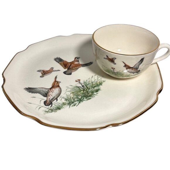 Georgina China Snack Plate & Tea Cup Set Breakfast Luncheon Cabincore Birds - Picture 1 of 13